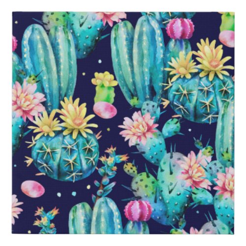 Flowering Cacti Dark Watercolor Pattern Faux Canvas Print