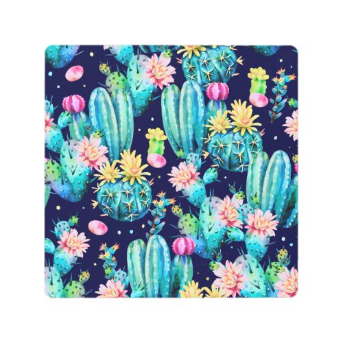 Flowering Cacti Dark Watercolor Pattern Metal Print
