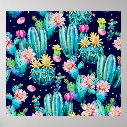 Flowering Cacti Dark Watercolor Pattern Poster