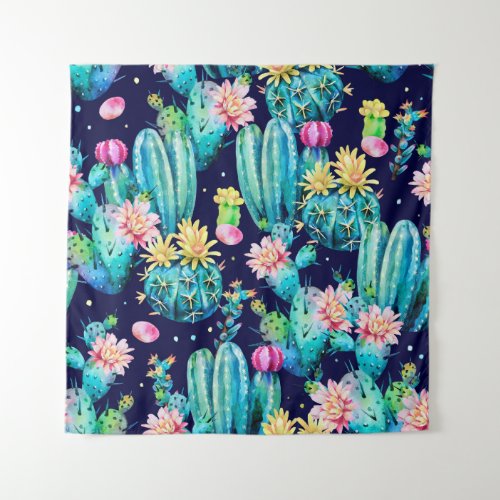 Flowering Cacti Dark Watercolor Pattern Tapestry