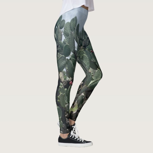 Flowering Cactus Fashion Leggings Green Blue (Right)
