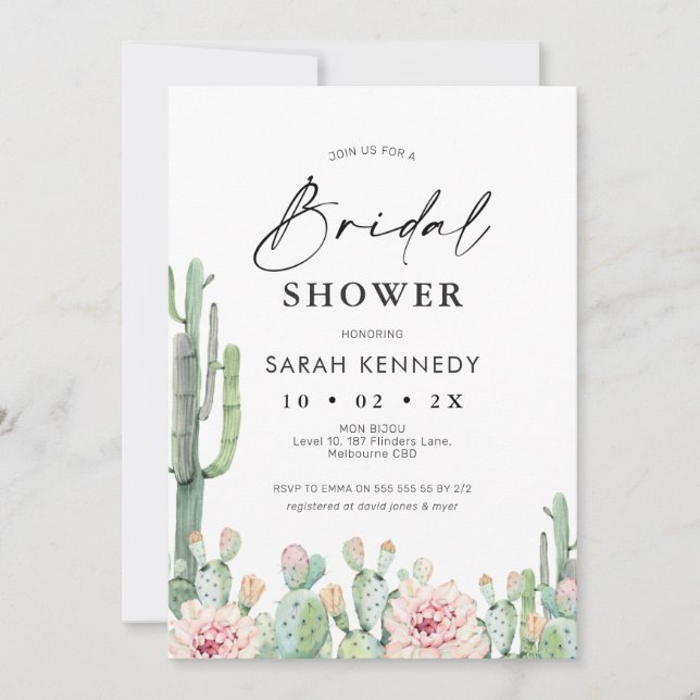 Flowering Cactus Fiesta Succulent Bridal Shower Invitation (Front)