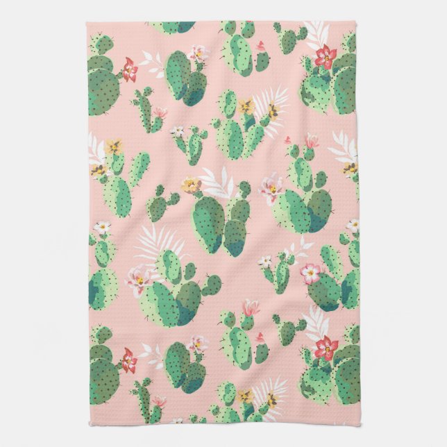 Flowering Cactus On Pink Background Kitchen Kitchen Towel (Vertical)