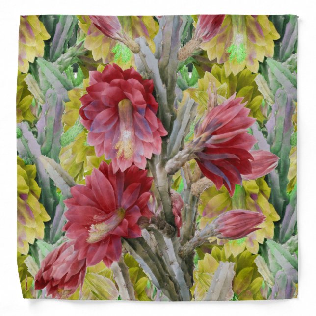 FLOWERING CACTUS ,RED PINK YELLOW FLOWERS Floral Bandana (Front)