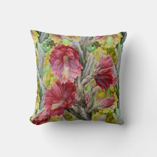 FLOWERING CACTUS RED PINK YELLOW FLOWERS  Floral Throw Pillow
