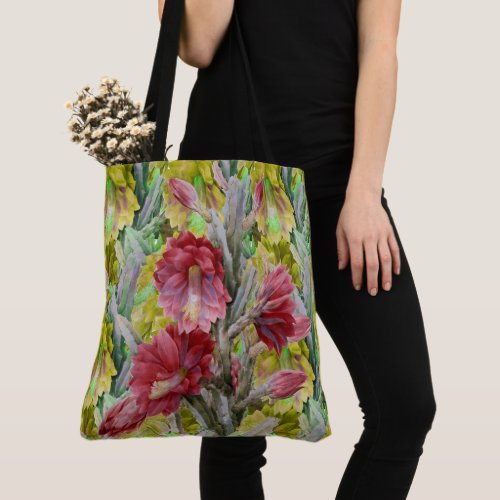 FLOWERING CACTUS RED PINK YELLOW FLOWERS  Floral Tote Bag