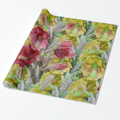FLOWERING CACTUS RED PINK YELLOW FLOWERS  Floral Wrapping Paper