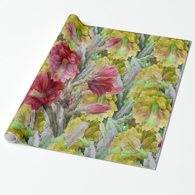 FLOWERING CACTUS ,RED PINK YELLOW FLOWERS  Floral Wrapping Paper (Unrolled)