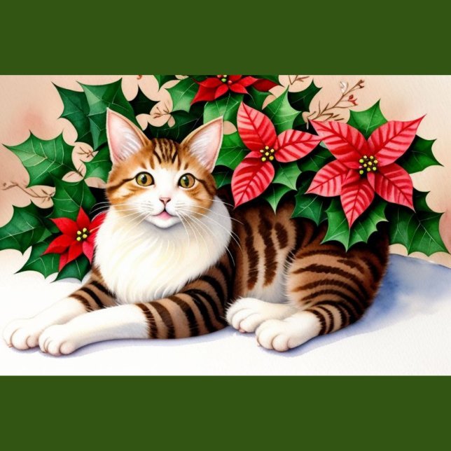 Flowering Cat Throw Pillow (A square throw pillow with a green border features a watercolor-style painting of a tabby cat.)