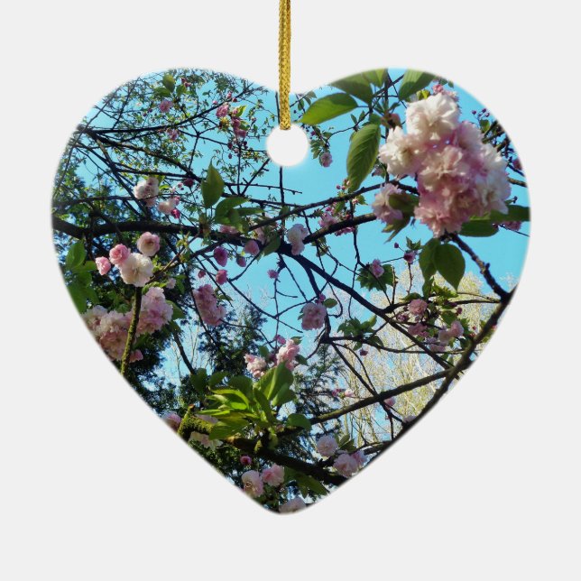 Flowering Cherry, Blossom, Nature, Pink Flower Ceramic Ornament (Back)