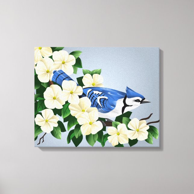 Flowering Dogwood with Blue Jay Bird Canvas Print (Front)