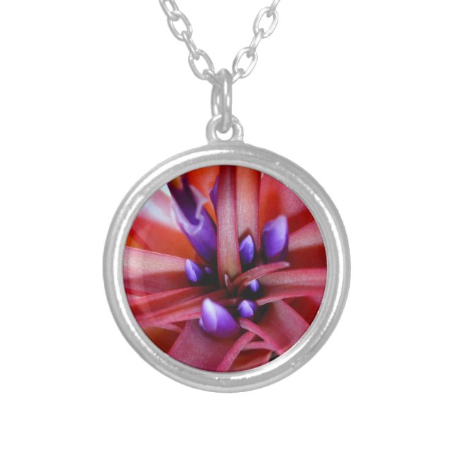 Flowering epiphyte plant in pink and purple shades silver plated necklace (Front)