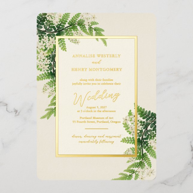 Flowering Ferns Wedding Foil Invitation (Front)