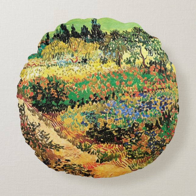 Flowering Garden with Path by Vincent van Gogh Round Pillow (Front)