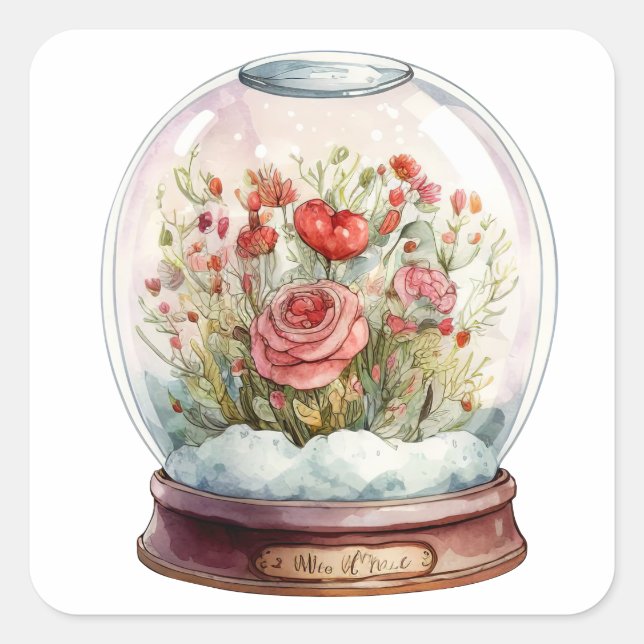 Flowering Heart Snowglobe For Valentine's  Square Sticker (Front)
