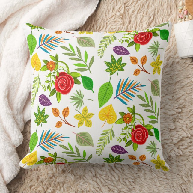Flowering Jungle Leaves with Botanical Flower Throw Pillow (Blanket)
