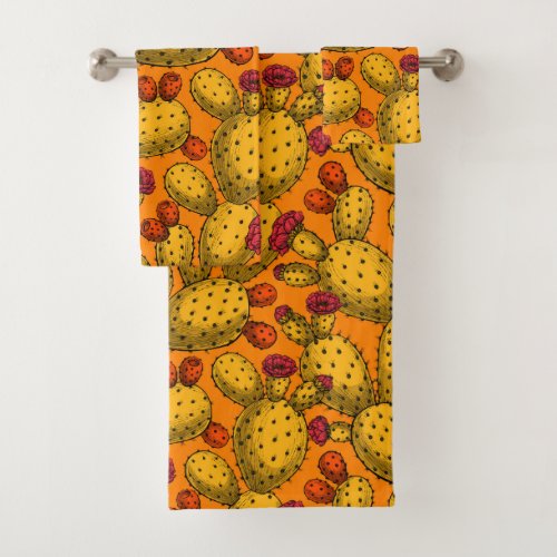 Flowering opuntia in yellow bath towel set