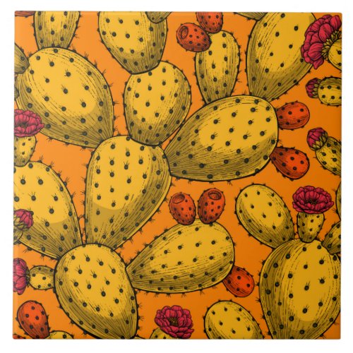 Flowering opuntia in yellow ceramic tile