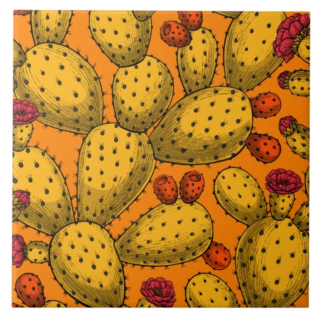 Flowering opuntia in yellow ceramic tile (Front)