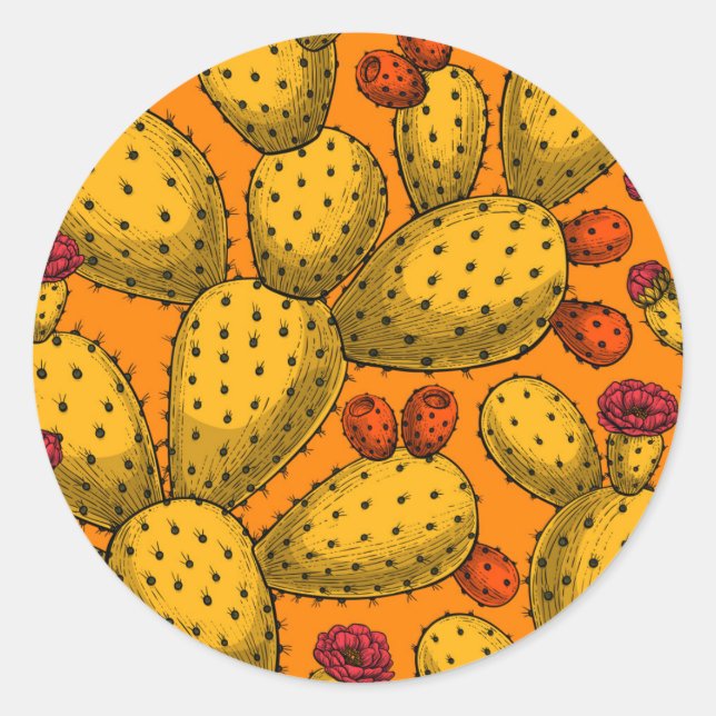 Flowering opuntia in yellow classic round sticker (Front)