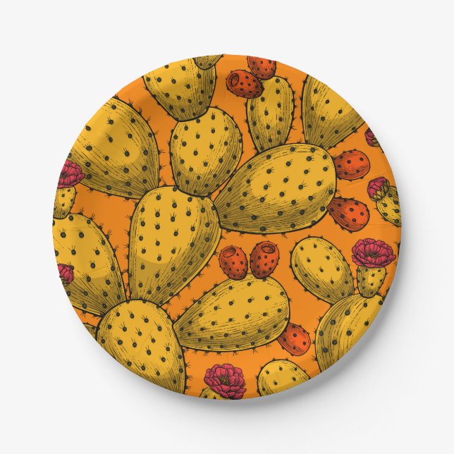 Flowering opuntia in yellow paper plates (Front)