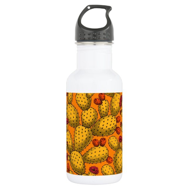 Flowering opuntia in yellow stainless steel water bottle (Front)