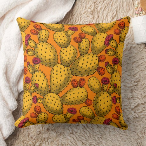 Flowering opuntia in yellow throw pillow