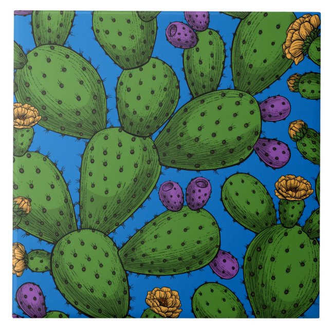 Flowering opuntia on blue ceramic tile (Front)