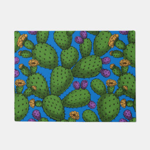 Flowering opuntia on blue doormat