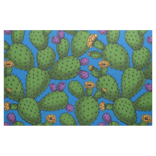 Flowering opuntia on blue fabric