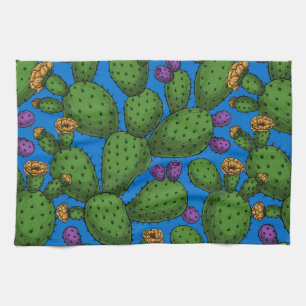 Flowering opuntia on blue kitchen towel