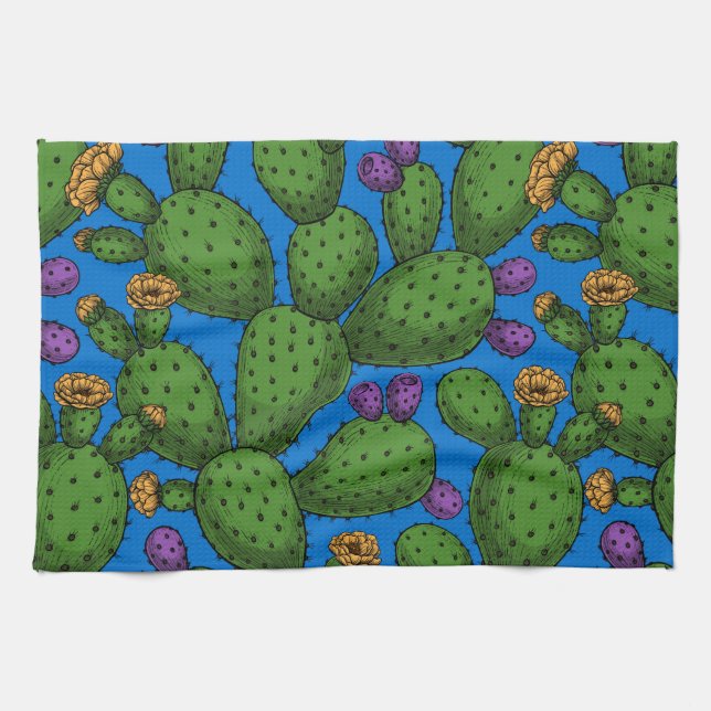Flowering opuntia on blue kitchen towel (Horizontal)