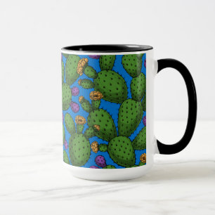 Flowering opuntia on blue mug