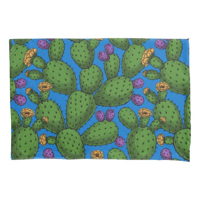 Flowering opuntia on blue pillow case (Front-Left)