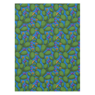 Flowering opuntia on blue tablecloth