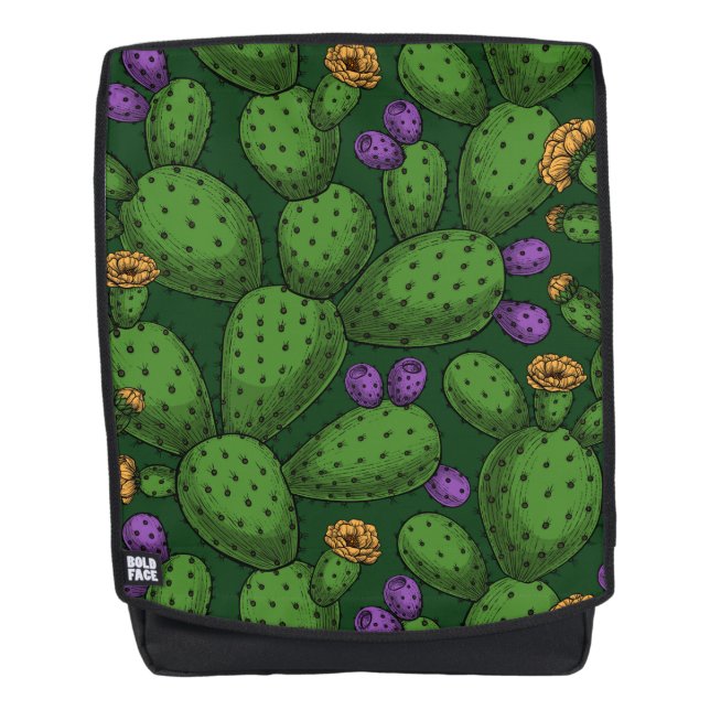 Flowering opuntia on dark green backpack (Front)