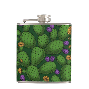 Flowering opuntia on dark green flask