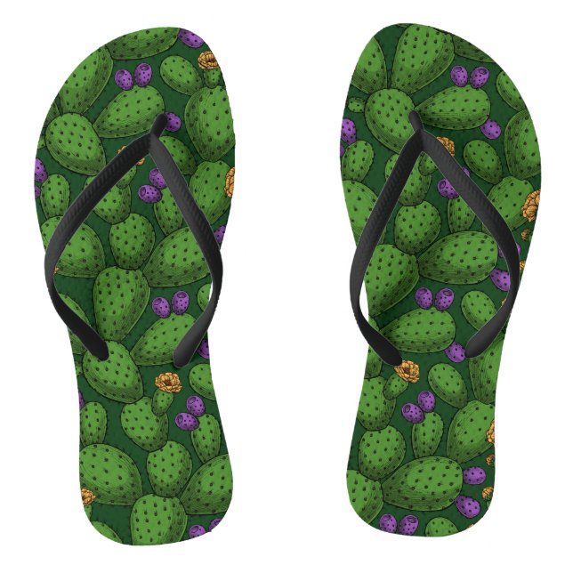 Flowering opuntia on dark green flip flops (Footbed)