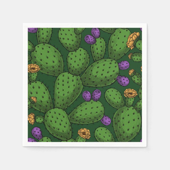 Flowering opuntia on dark green napkins (Front)