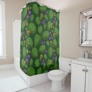 Flowering opuntia on dark green shower curtain
