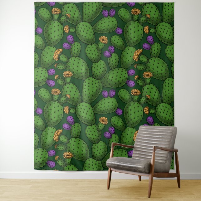 Flowering opuntia on dark green tapestry (In Situ)