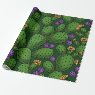 Flowering opuntia on dark green wrapping paper