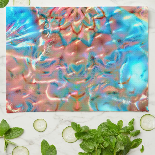 Flowering peach and aqua under hammered glass  kitchen towel (Folded)