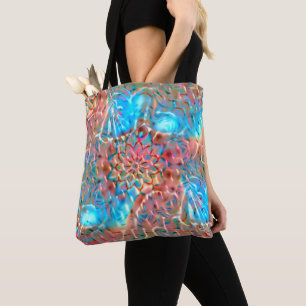 Flowering peach and aqua under hammered glass  tote bag