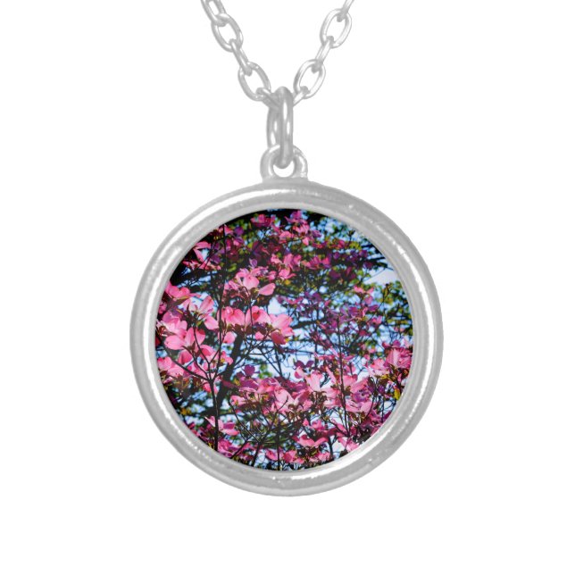 Flowering pink floral pink Dogwood tree Silver Plated Necklace (Front)