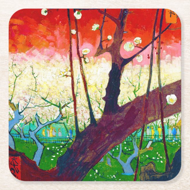 Flowering Plum Tree (after Hiroshige), Van Gogh Square Paper Coaster (Front)