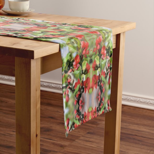 Flowering Quince Red Blossoms Abstract Pattern  Short Table Runner (In Situ)