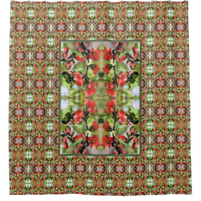 Flowering Quince Red Blossoms Floral Pattern Shower Curtain (Front)