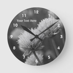Flowering Scallions In Black And White Round Clock