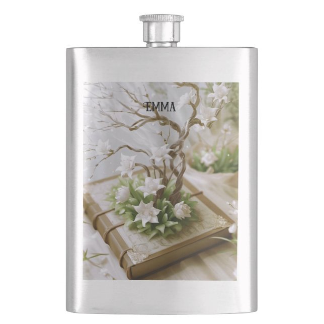 Flowering Tree Growing From a Book Custom Name Flask (Front)